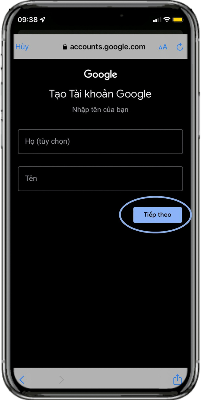 điền họ và tên cho tài khoản