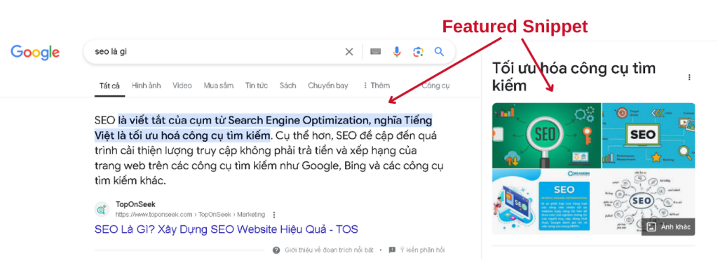 Featured Snippet cung cấp câu trả lời trực tiếp và nội dung liên quan