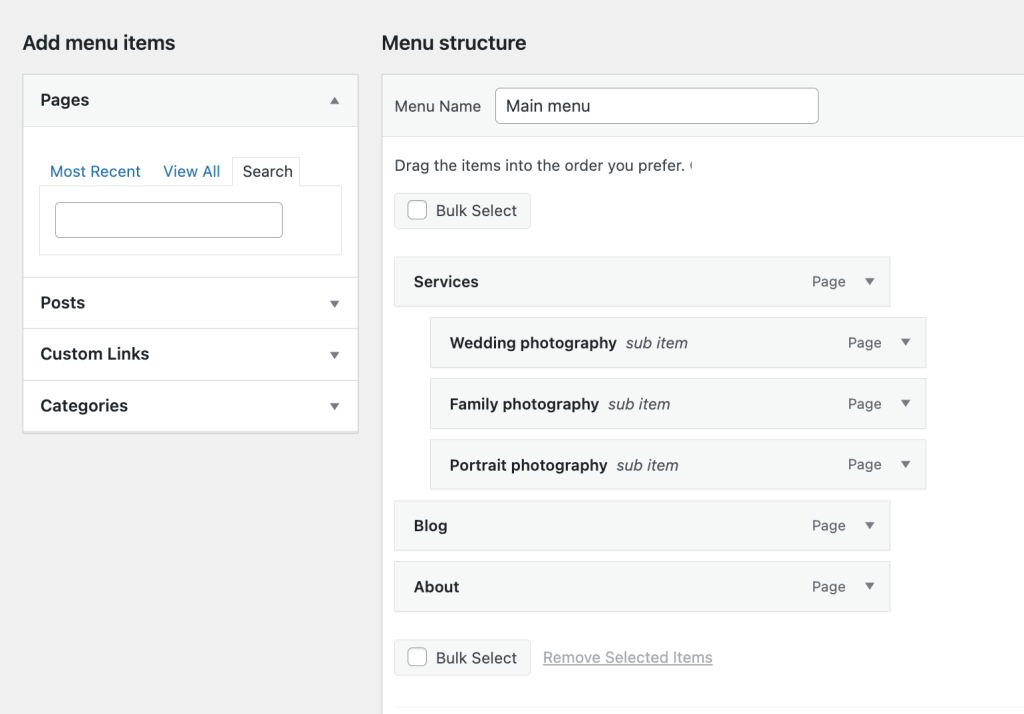Các nội dung hiển thị trên menu