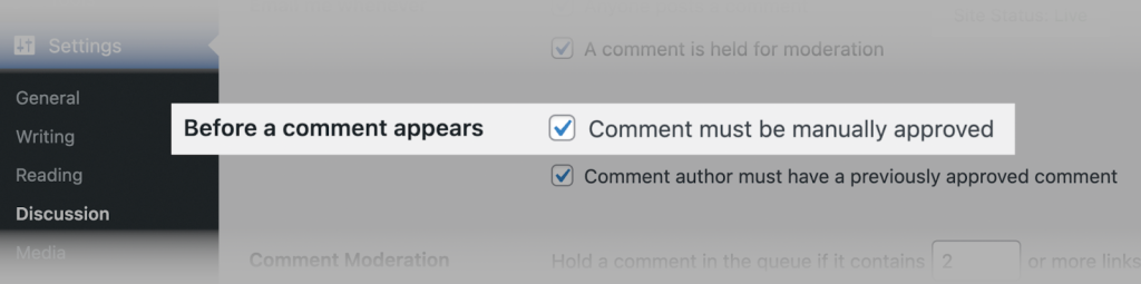 Bật tính năng Phê duyệt bình luận thủ công - Tối ưu seo wordpress