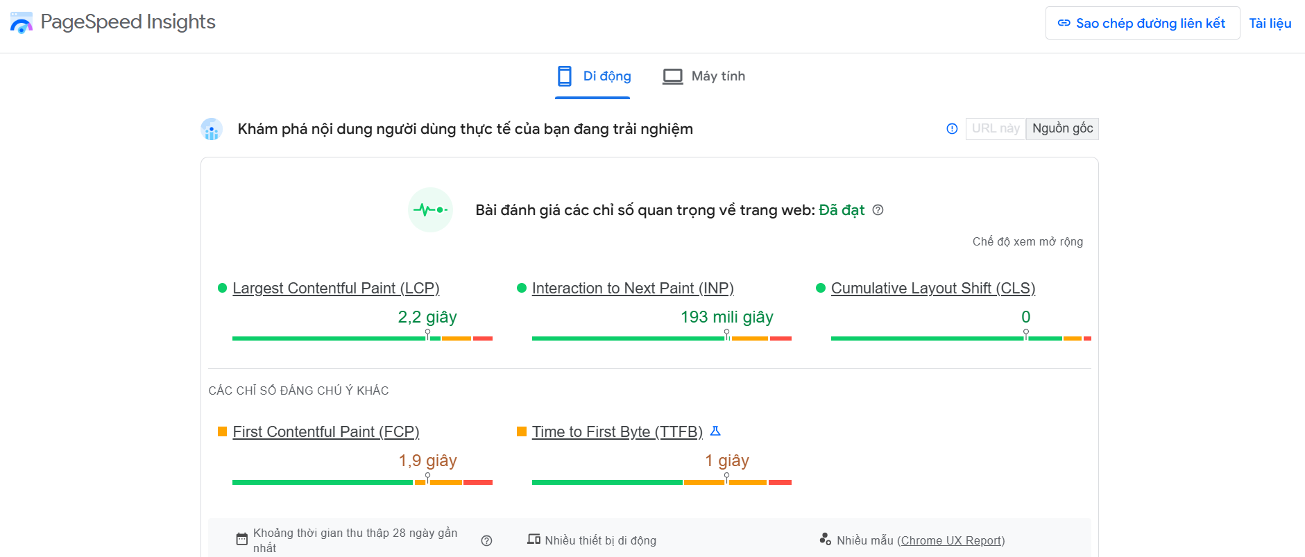 Sử dụng Google PageSpeed Insights để kiểm tra tốc độ trang và chỉ số core web vitals