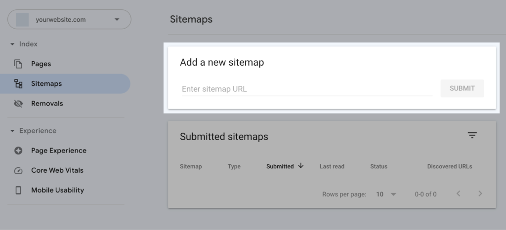 Vị trí dán URL sitemap và kiểm tra trên Google Search Console