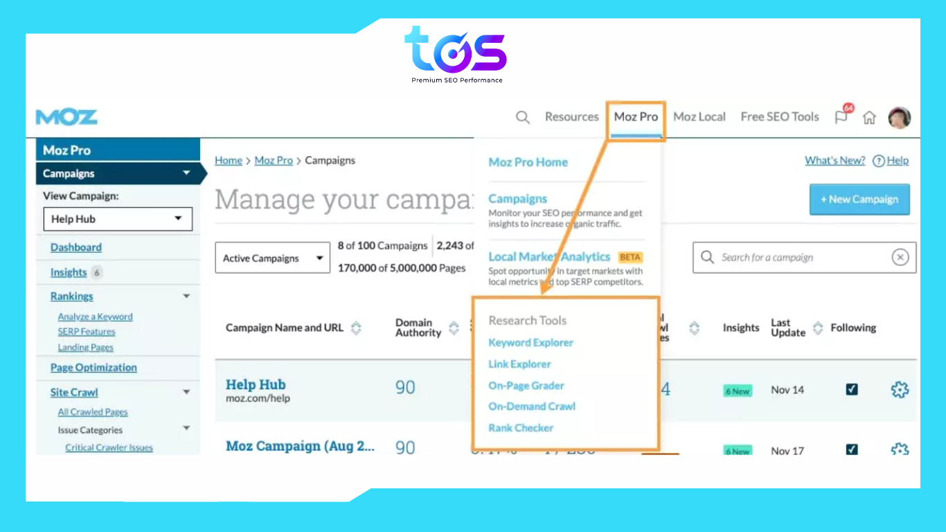 giao diện công cụ Moz / Link Explorer