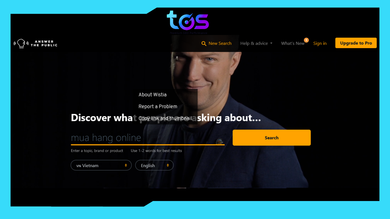 Giao diện tìm kiếm câu hỏi trên công cụ phân tích từ khóa Answer the Public