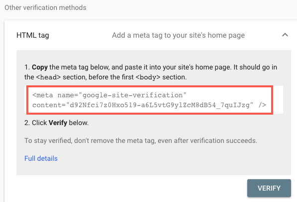 Xác minh search console google bằng thẻ HTML