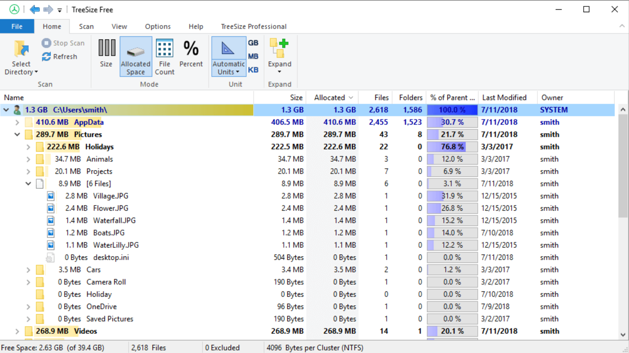 Tính năng chính của phần mềm TreeSize