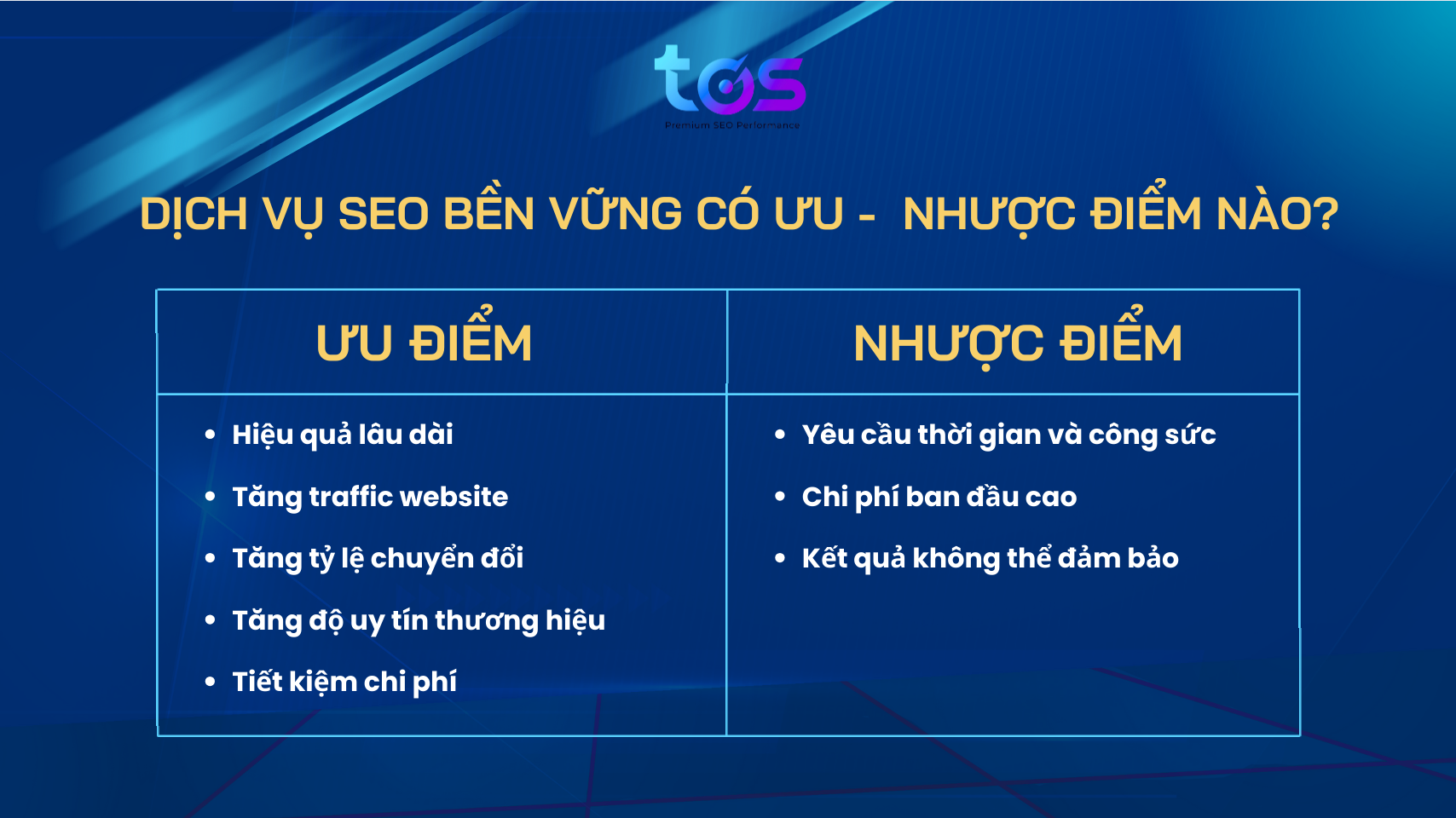 bảng phân tích ưu nhược điểm của Dịch vụ SEO bền vững